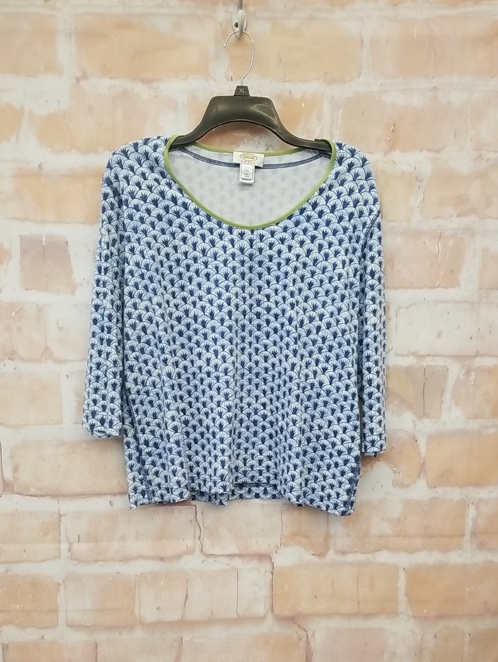 Talbots Blue and White Patterned Long Sleeve Top with Green Trim